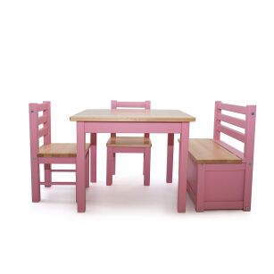 Zestaw drewnianych mebli dziecięcych stół, 2 krzesełka, ławeczka, drewno, różowy